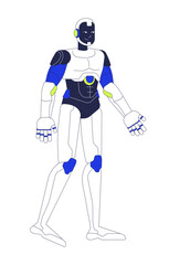 Poster - Robot android walking 2D cartoon character. Futuristic robotics humanoid isolated personage flat vector on white background. Science fiction high tech technology. Futurism. Spot illustration colorful