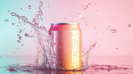 Drink can with splash of liquid on pastel background