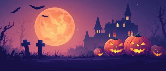 A haunting Halloween backdrop features jack-o'-lanterns glowing against a graveyard with a haunted castle and a full moon illuminating the night