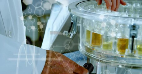 Poster - Animation of data processing and chemical formula over caucasian scientist doing experiment in lab
