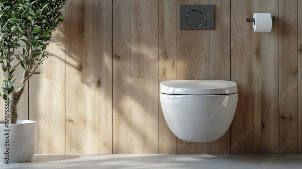 Vertical shot of wall mounted white ceramic wc bowl with closed lid in ...