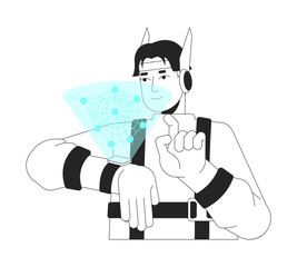 Poster - Futuristic man wristwatch hologram touching black and white 2D line character. Scifi technology. Gadget futurism techwear asian man isolated vector outline person. Monochromatic spot illustration