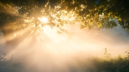 Wall Mural - Sun Rays Shining Through Tree Branches and Fog in a Forest