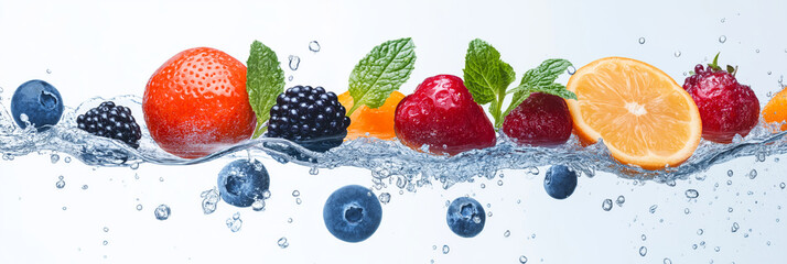 Fruits splashing into the clear water. Fresh fruits concept