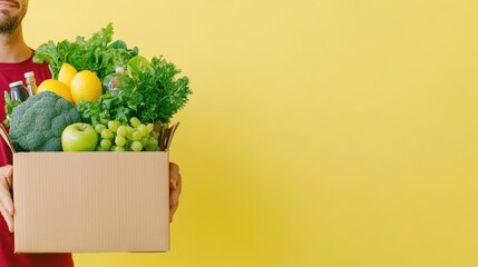 Man holding a cardboard box filled with fresh vegetables and fruits, standing against a bright yellow background. Grocery delivery concept.