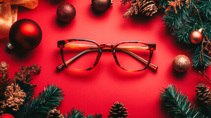 Poster - Trendy Glasses with Christmas balls and fir branches on red background. New Christmas eyewear collection. Optic store sale banner. Copy space. Winter special offer discount. Eyeglasses plastic frame