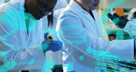 Poster - Animation of data processing and chemical formula over diverse scientists doing experiment