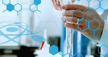 Poster - Animation of chemical formula over caucasian male scientist doing experiment