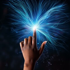 Wall Mural - hand holding a burning candle, hand with fireworks, hands of the person with a light, A human finger touching a spark of electrical energy illustrating a concept of power and connection. Futuristic te