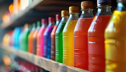 Wall Mural - Vibrant soda bottles lined up on a shelf against a blurred background, showcasing the essence of refreshment and colorfulness