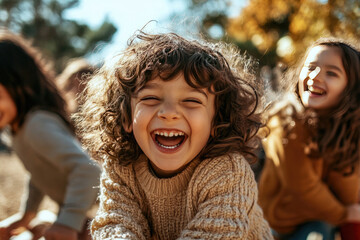 Young girl bursts with laughter in a park full of kids on a sunny autumn day, creating joyful memories of togetherness and happiness