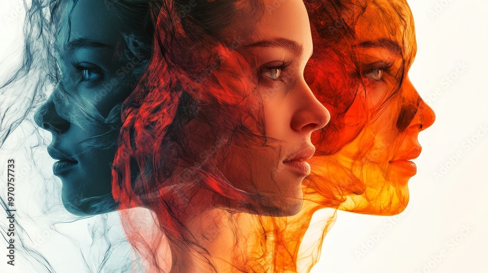 Overlapping multiple portraits and faces interweave together to form a ...