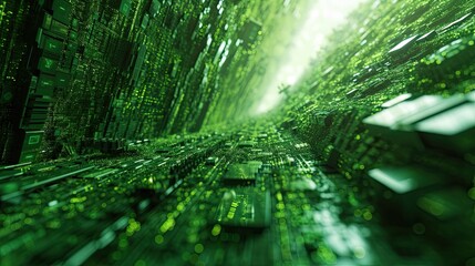 Poster - Green technology-themed image of a virtual server network, organic data structure design resembling a digital forest, energy-efficient concept, natural green and earth tones, eco-tech background