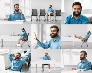 Aufkleber - A man with a beard is actively participating in different work-related tasks within a well-lit, contemporary office environment. He displays enthusiasm while on a phone call, working on a computer