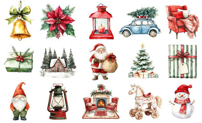 Wall Mural - Watercolor Christmas set isolated on transparent background.