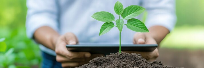 farmer man using tablet on farmland and plant on tablet, modern farming concept