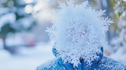 Wall Mural - Winter wonderland: snowflake adorns hooded figure in serene landscape