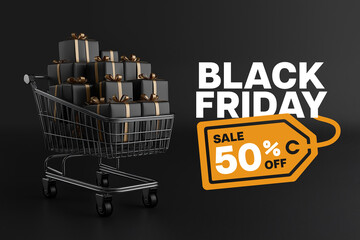 Black Friday banner with a shopping cart full of gift boxes. Black and premium background. Sale campaign. Black Friday concept. 