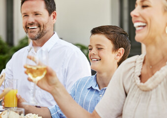 Poster - Family, champagne and smile for celebration, food and gathering for thanksgiving, love and reunion. Outdoor, man and woman with wine, cheers and dinner in holiday, house and child with parents