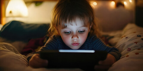 Young girl happily using a tablet in her dimly lit bedroom, exploring the internet and playing games, lost in the world of technology