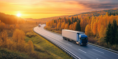 A blue semi truck is driving down a road with trees in the background. The sun is setting, creating a warm and peaceful atmosphere