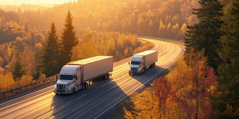 Two semi trucks are driving down a road with trees in the background. The sun is shining brightly, creating a warm and inviting atmosphere