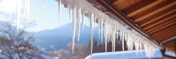 Icicles hanging from a roof on a cold day. The scene is peaceful and serene, with the icicles glistening in the sunlight