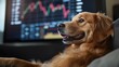 © Apiwat - A dog relaxing in front of a large screen showing stock market gains, with a happy expression and financial charts in the air