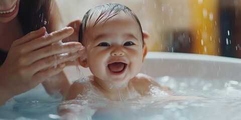 Wall Mural - A woman is washing a baby in a bathtub. The baby is smiling and enjoying the water