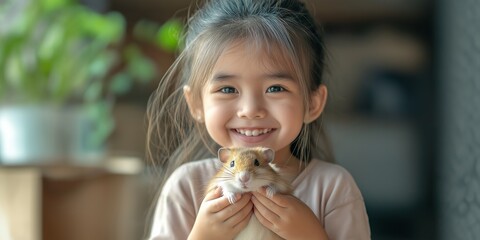 Wall Mural - A young girl is holding a hamster and smiling. The scene is cheerful and lighthearted, with the girl's happiness and the hamster's cuteness creating a warm and friendly atmosphere