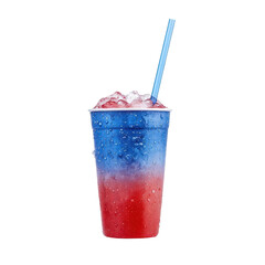 A vibrant, refreshing layered drink with red and blue colors, topped with ice and served in a clear cup with a blue straw.