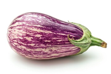 Wall Mural - Close-up of a purple and white striped eggplant on a white background, great for food or still life photography