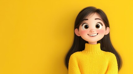 Poster - A vibrant 3D illustration of a cheerful Asian teenage girl with a bright smile, wearing a cozy yellow sweater against a clean backdrop.