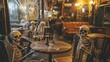 © Heng Heng - AI Stock - Spooky Halloween Cafe Setting with Skeletons and Haunting Atmosphere. Dimly lit vintage cafe interior with skeleton a moody,supernatural ambience perfect for the autumn holiday