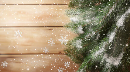 Poster - Festive Fir Tree on Rustic Wooden Surface with Snowflakes