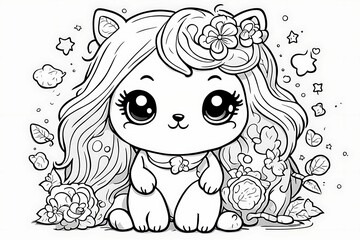 Cute Cartoon Cat with Flowers and Stars