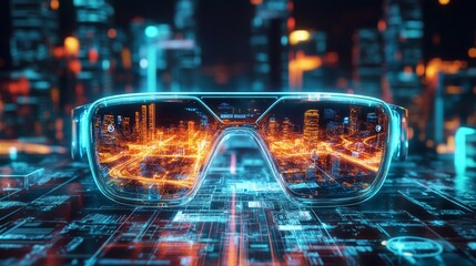 Wall Mural - futuristic smart glasses showcase vibrant urban reflections with a neon glow. stunning visual effect