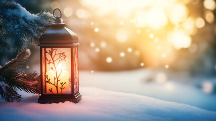 Wall Mural - Winter Decoration with Lantern and Fir Branch on Snowy Background