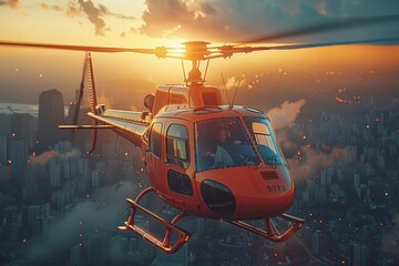 Helicopter flying over a city skyline during sunset with vibrant clouds and urban landscape illuminated by golden light