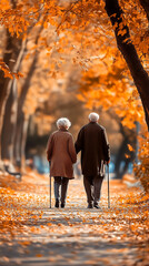 Canvas Print - Elderly Couple Enjoying a Peaceful Autumn Walk in the Park