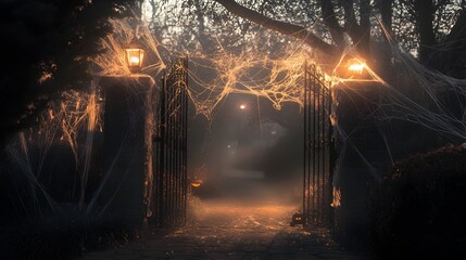 Wall Mural - Spooky Front Yard Gate with Eerie Cobwebs and Mystical Lighting in Moody Autumn Landscape - A mysterious and atmospheric entrance to a dark,haunting world,inviting and imagination.