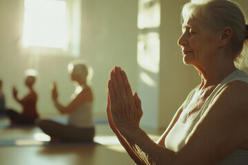 Senior Citizens Maintaining Health with Yoga in a Bright Room