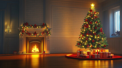 Wall Mural - Decorated Christmas Tree by the Fireplace Illuminated with Warm Lights