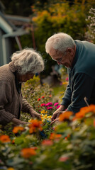 Wall Mural - Elderly Couple Gardening Together in Vibrant Backyard  