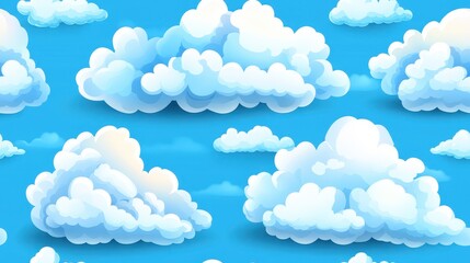 Wall Mural - cartoon-style seamless pattern of fluffy white clouds on a bright blue sky background. perfect for p