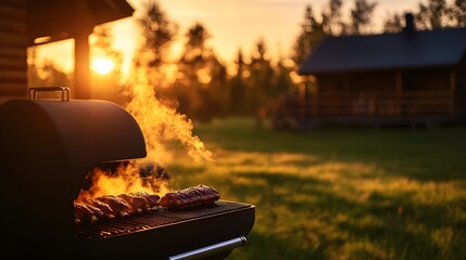 A rustic farmhouse with a smoker grill in the backyard, smoke wafting through the air as chickens and ribs slow cook