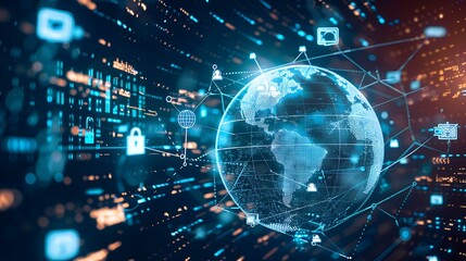 Poster - A digital globe surrounded by interconnected lines representing global connectivity with icons of various online services like email, cloud storage, and e-commerce. The background features a