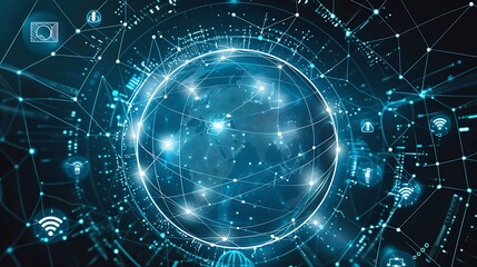 Poster - A digital globe surrounded by interconnected lines representing global connectivity with icons of various online services like email, cloud storage, and e-commerce. The background features a