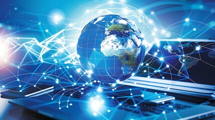 Aufkleber - A dynamic representation of a globe being connected by digital devices like laptops, smartphones, and tablets, symbolizing the interconnection of global business in the digital age.