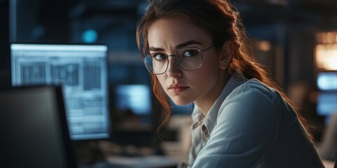 Poster - A focused woman working intently at her computer in a modern office setting. The ambiance is tech-driven, showcasing digital screens and a professional atmosphere. 